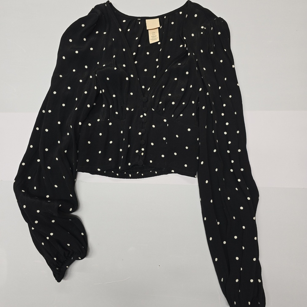 HM Women Black White Polka Dot V-Neck Long Sleeve Peplum Blouse Size 0